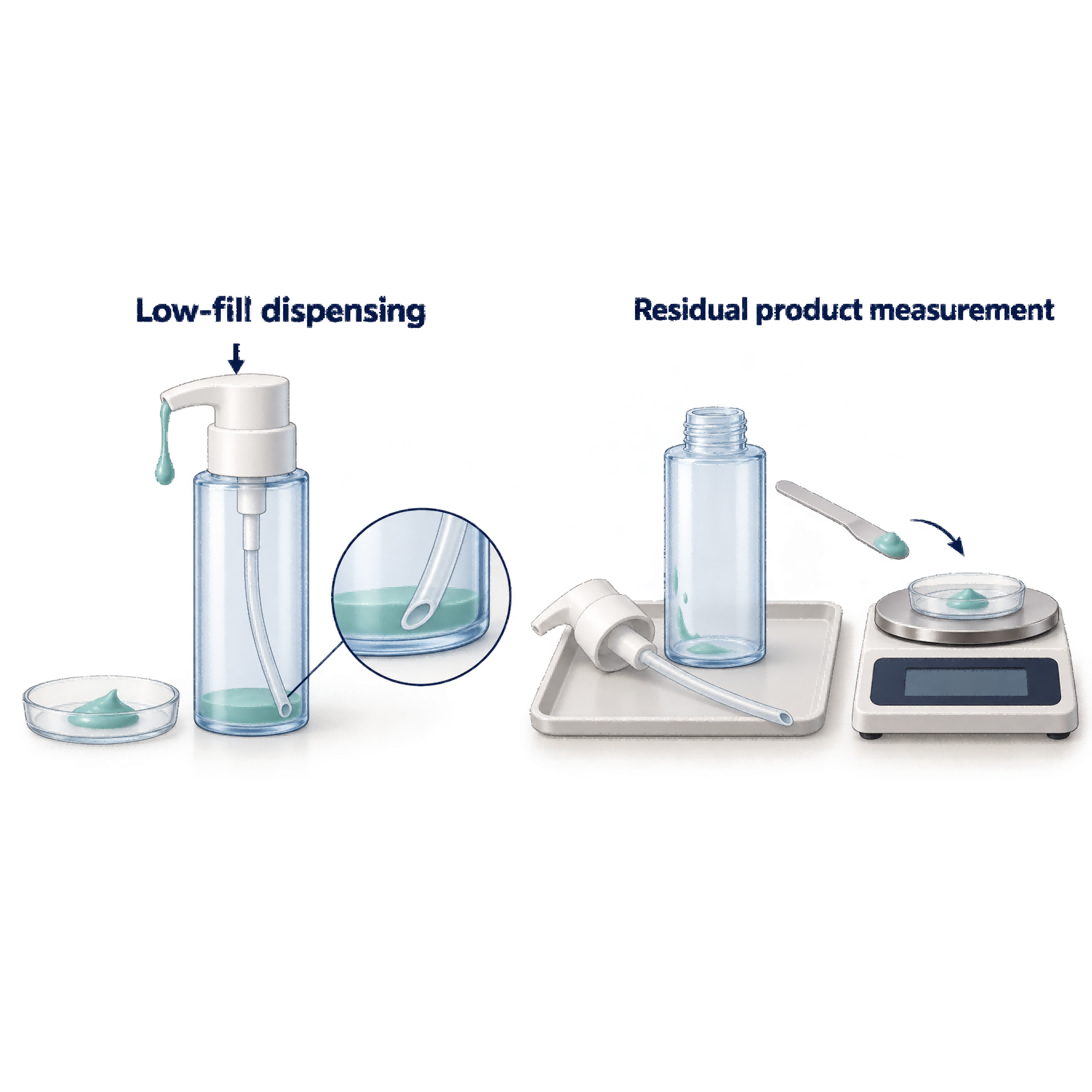 Intended illustration of low-fill dispensing and residual product measurement