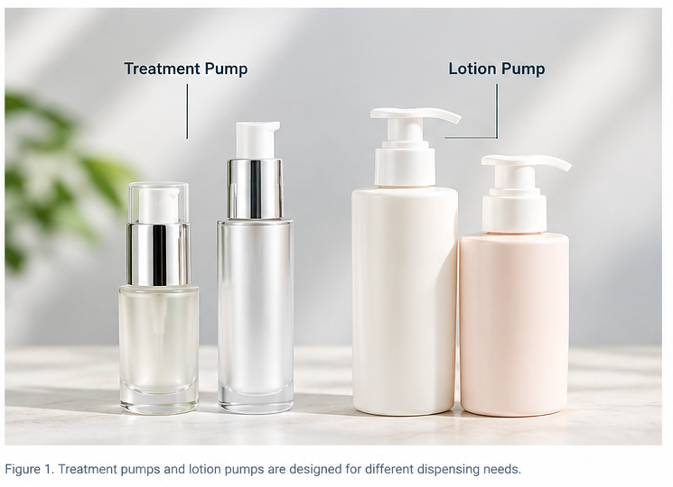 Comparison of cosmetic treatment pump and lotion pump packaging