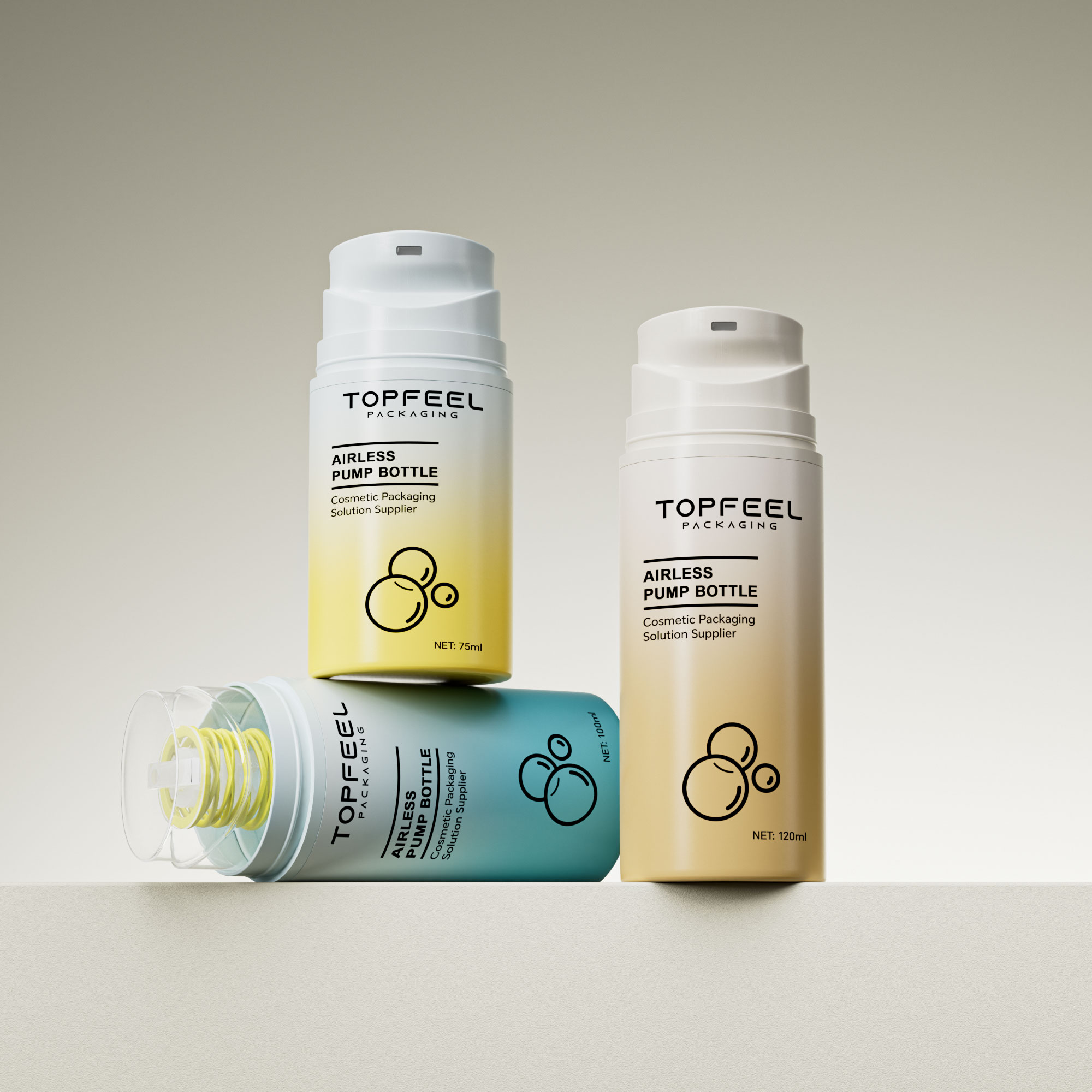 Three Topfeelpack airless pump bottles with pale yellow and blue finishes