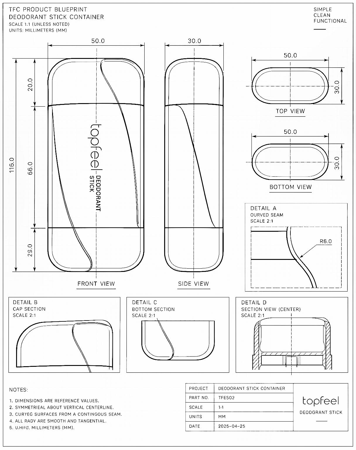 TDB42 deodorant stick packaging technical drawing