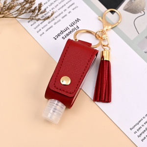 Mini 30ml Plastic Reusable Hand Sanitizer Bottle With Leather Holder Keychain